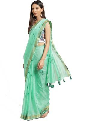   Hand Crafted Tie & Dye Kota Silk Saree With Hand Block Print Unstitched Blouse 1