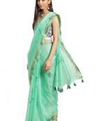 Geroo Jaipur Hand Crafted Tie & Dye Kota Silk Saree With Hand Block Print Unstitched Blouse