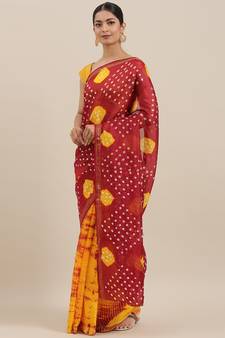 Geroo Jaipur Yellow And Maroon Hand Crafted Shibori Tie And Dye Bandhani Art Silk Saree