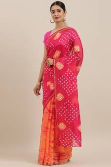 Geroo Jaipur Peach And Pink Hand Crafted Shibori Tie And Dye Bandhani Art Silk Saree