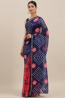 Geroo Jaipur Gajari And Blue Hand Crafted Shibori Tie And Dye Bandhani Art Silk Saree