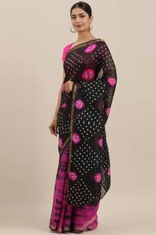 Geroo Jaipur Pink And Black Hand Crafted Shibori Tie And Dye Bandhani Art Silk Saree