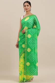 Geroo Jaipur Yellow And Green Hand Crafted Shibori Tie And Dye Bandhani Art Silk Saree