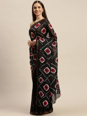 Geroo Jaipur Black Hand crafted Bandhani Art Silk Saree 1