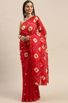 Geroo Jaipur Red Hand crafted Bandhani Art Silk Saree