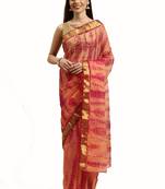 Geroo Jaipur Peach and Pink Hand Crafted Shibori Tie & Dye Bandhani Art Chiffon Saree