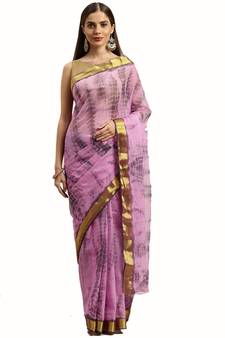 Geroo Jaipur Grey and Light Pink Hand Crafted Shibori Tie & Dye Bandhani Art Chiffon Saree