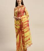 Geroo Jaipur Yellow and Red Hand Crafted Shibori Tie & Dye Bandhani Art Chiffon Saree