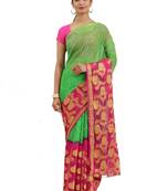Geroo Jaipur Green And Pink Hand Crafted Bandhani Art Chiffon Saree