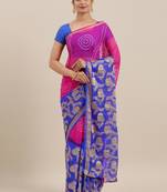 Geroo Jaipur Pink And Blue Hand Crafted Bandhani Art Chiffon Saree