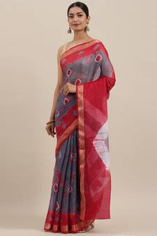 Geroo Jaipur Grey And Red Hand Crafted Shibori Tie And Dye Bandhani Art Silk Saree