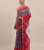 Geroo Jaipur Grey And Red Hand Crafted Shibori Tie And Dye Bandhani Art Silk Saree