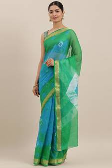 Geroo Jaipur Turquoise Blue And Green Hand Crafted Shibori Tie And Dye Bandhani Art Silk Saree