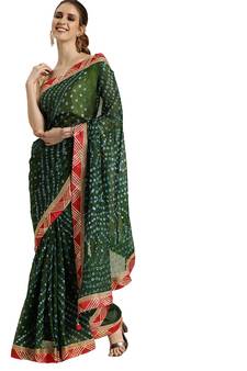 Geroo Jaipur Green Hand Bandhani Silk Saree