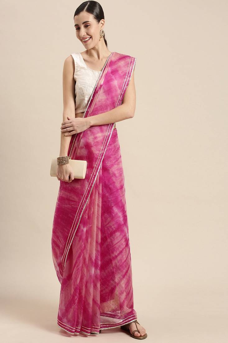 Geroo Jaipur Pink Shibori Organza Saree by Geroo Jaipur - Elegant and Stylish
