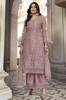 Onion-pink embroidered net salwar