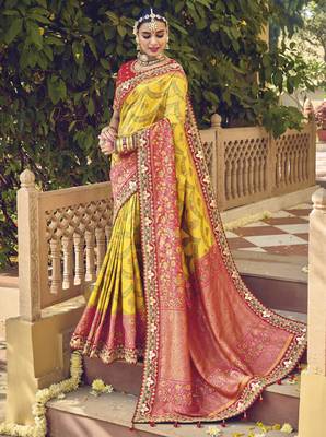Yellow woven pure silk saree with blouse 1
