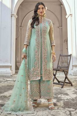 Sea-green embroidered net salwar 1
