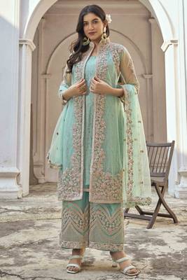 Sea-green embroidered net salwar 2