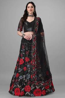 Bold Black Beauty Designer Multi Heavy Sequins Embroidered Semi-Stitched Lehenga Choli