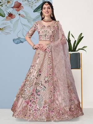 Gold and Pink Art Silk Semi Stitched Lehenga Choli with Sequin Embroidery 1