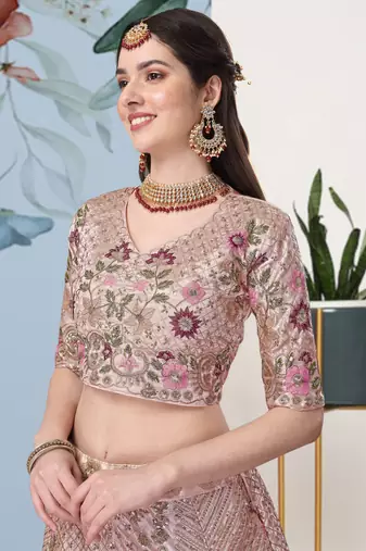 Gold and Pink Art Silk Semi Stitched Lehenga Choli with Sequin Embroidery