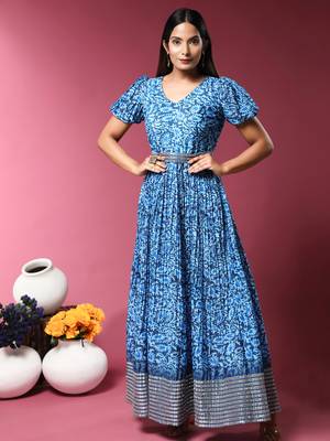 Growish Blue Sequance Embroidery and Digital Printed with Belt Anarkali Gown 1