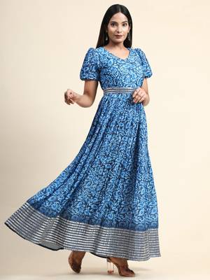 Growish Blue Sequance Embroidery and Digital Printed with Belt Anarkali Gown 2