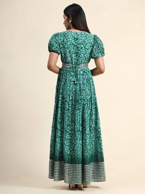 Growish Green Sequance Embroidery and Digital Printed with Belt Anarkali Gown 3