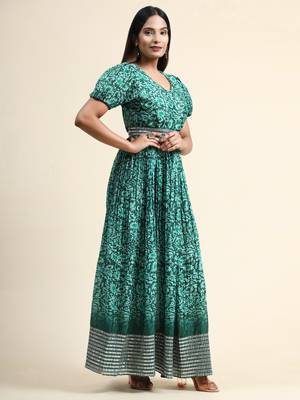 Growish Green Sequance Embroidery and Digital Printed with Belt Anarkali Gown 4