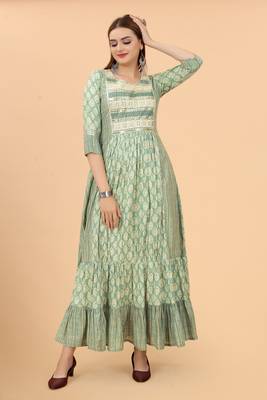 Growish Green Printed and Sequance Work Anrkali Stylish Gown 1