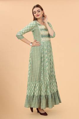 Growish Green Printed and Sequance Work Anrkali Stylish Gown 2