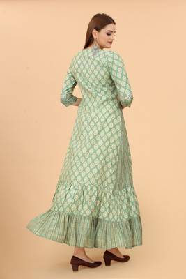 Growish Green Printed and Sequance Work Anrkali Stylish Gown 3