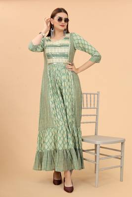 Growish Green Printed and Sequance Work Anrkali Stylish Gown 4