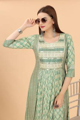 Growish Green Printed and Sequance Work Anrkali Stylish Gown 5
