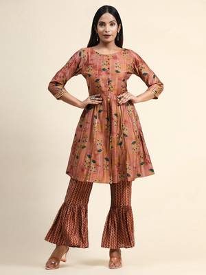 Growish Peach Foil Printed Gota Lace Designer Kurta Set 1