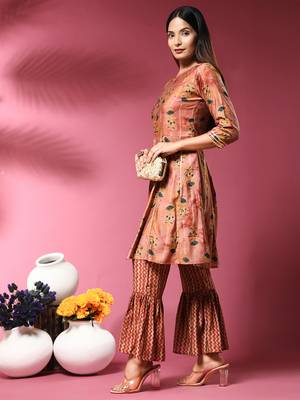 Growish Peach Foil Printed Gota Lace Designer Kurta Set 2
