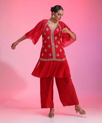 Red Pleated Zardozi Co-Ord Set 1