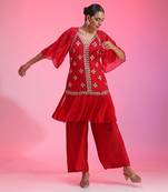 Red Pleated Zardozi Co-Ord Set