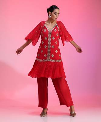 Red Pleated Zardozi Co-Ord Set 2
