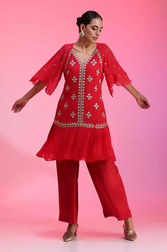 Red Pleated Zardozi Co-Ord Set