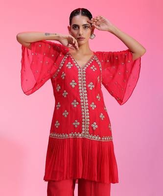 Red Pleated Zardozi Co-Ord Set 3