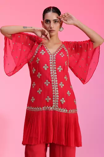 Red Pleated Zardozi Co-Ord Set