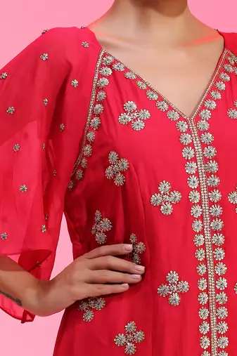 Red Pleated Zardozi Co-Ord Set