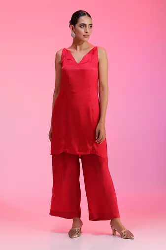Red Pleated Zardozi Co-Ord Set