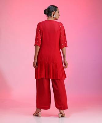 Red Pleated Zardozi Co-Ord Set 7