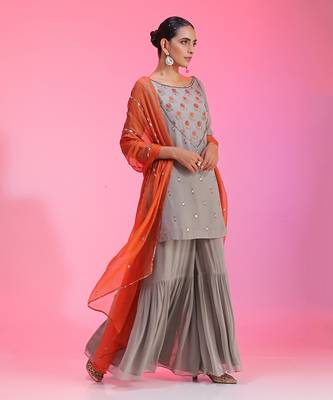 Resham And Gotta Grey Orange Sharara Set 1
