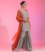 Resham And Gotta Grey Orange Sharara Set