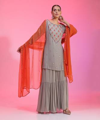 Resham And Gotta Grey Orange Sharara Set 2