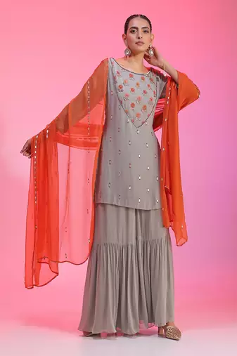 Resham And Gotta Grey Orange Sharara Set
